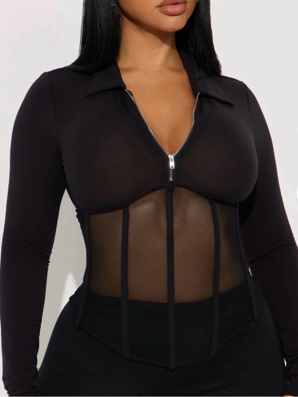 AKIRA Black Sheer Mesh Zip-Front Long Sleeve Top